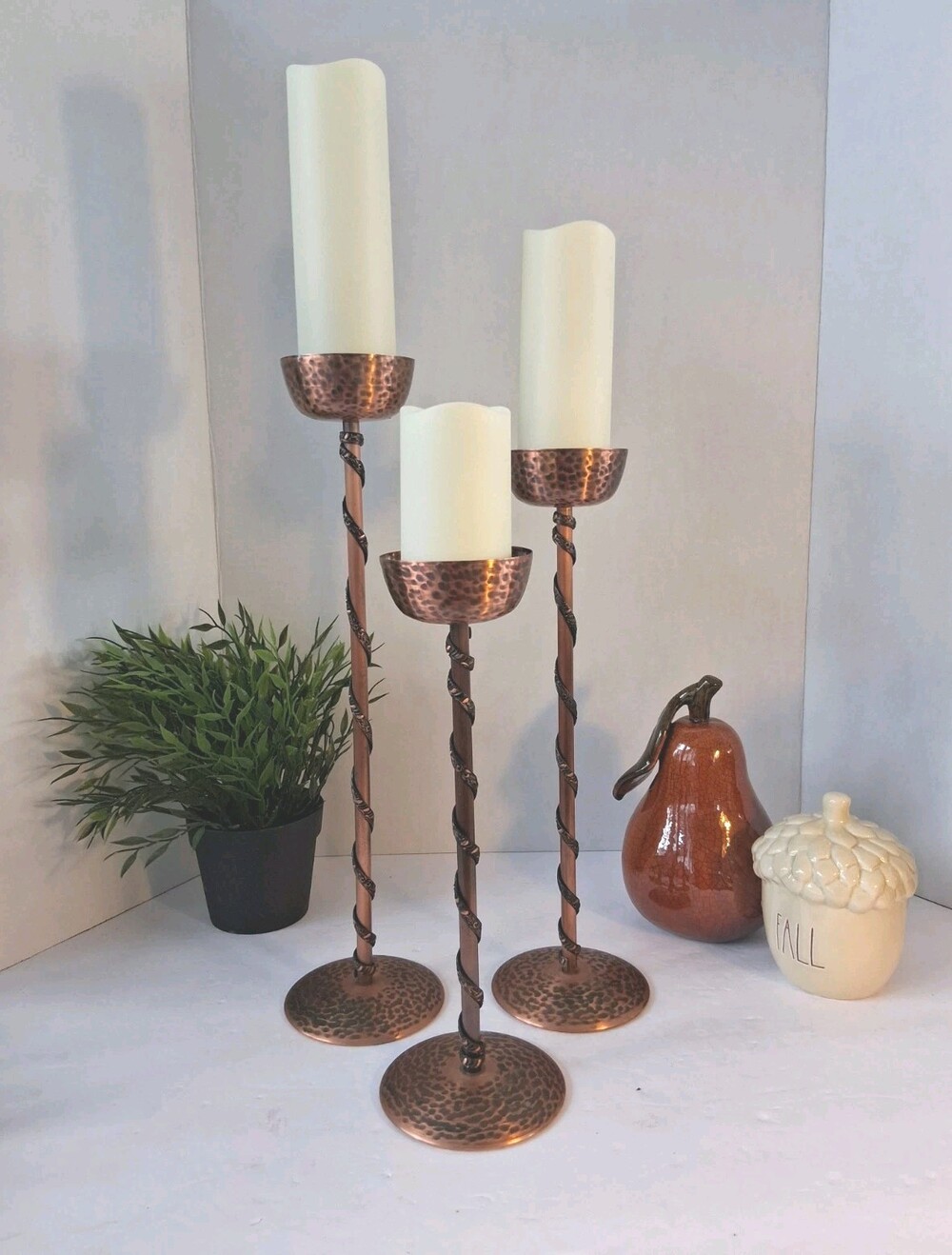 VTG MCM "Fantasy Copperware Canada" Candlesticks;Hammered Copper; 3 PCS+Candles
